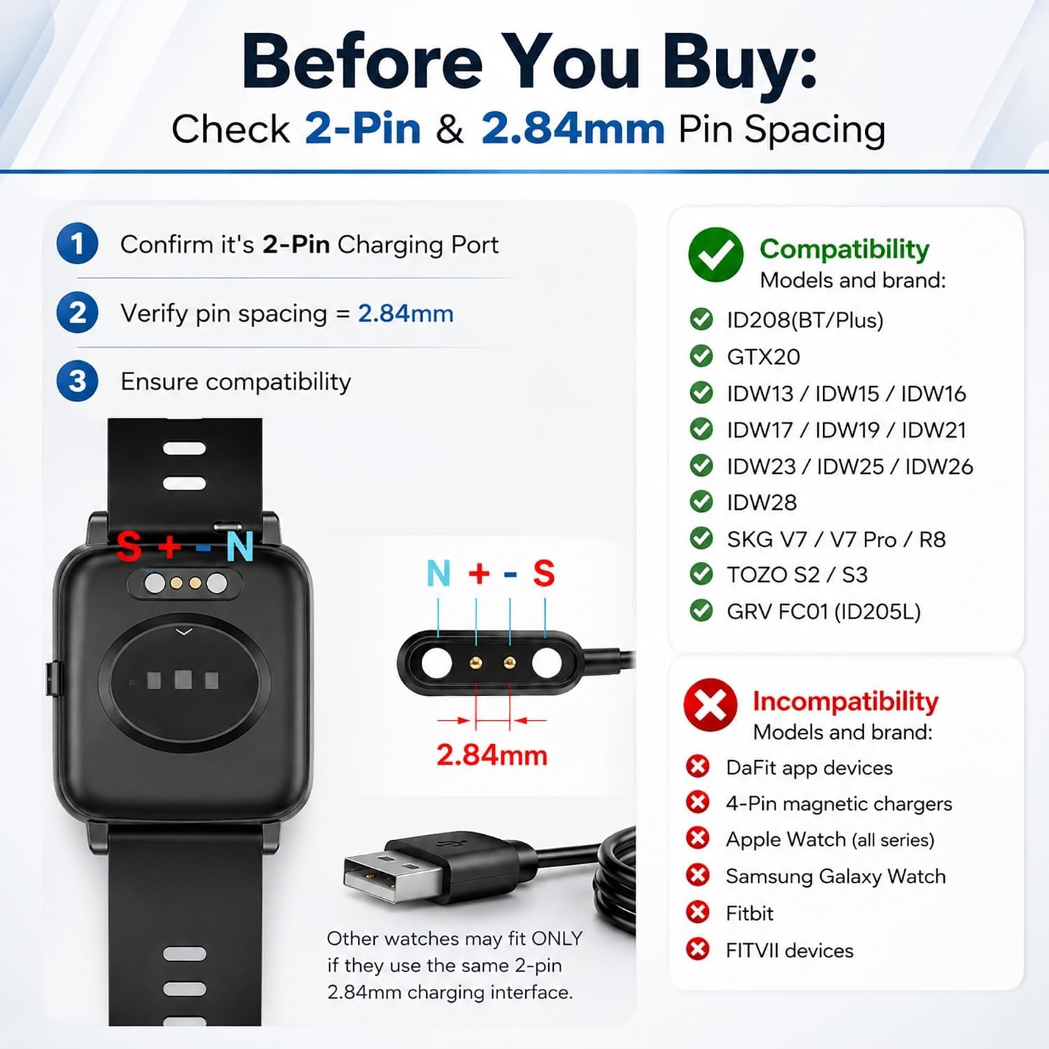 Smartwatch Charger, Magnetic Charging Cable for IDW13/15/16/17/19/21/23/25/26/28
