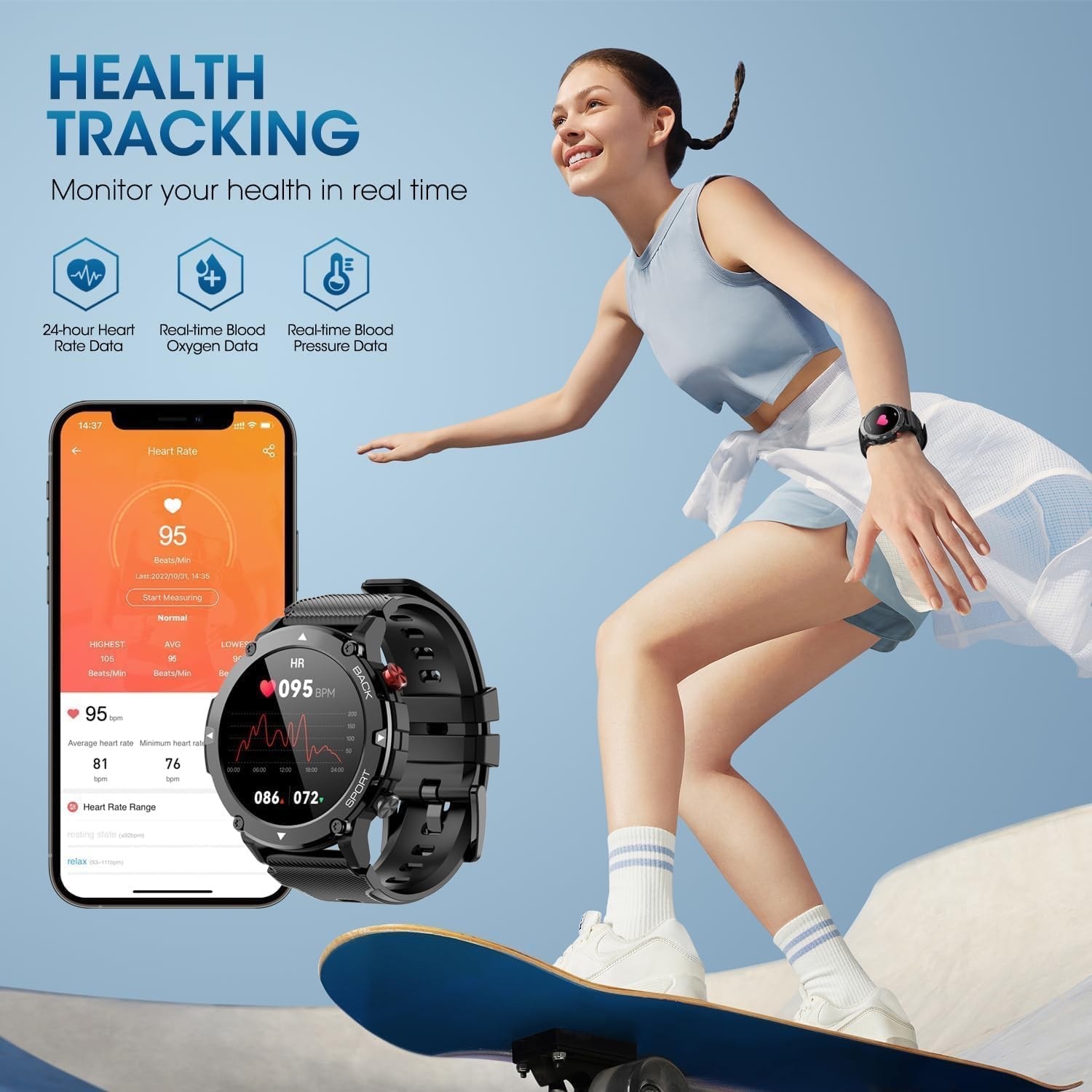 Smart Watch Android with Bluetooth Call Dial/Heart Rate Outdoor Sports waterproo