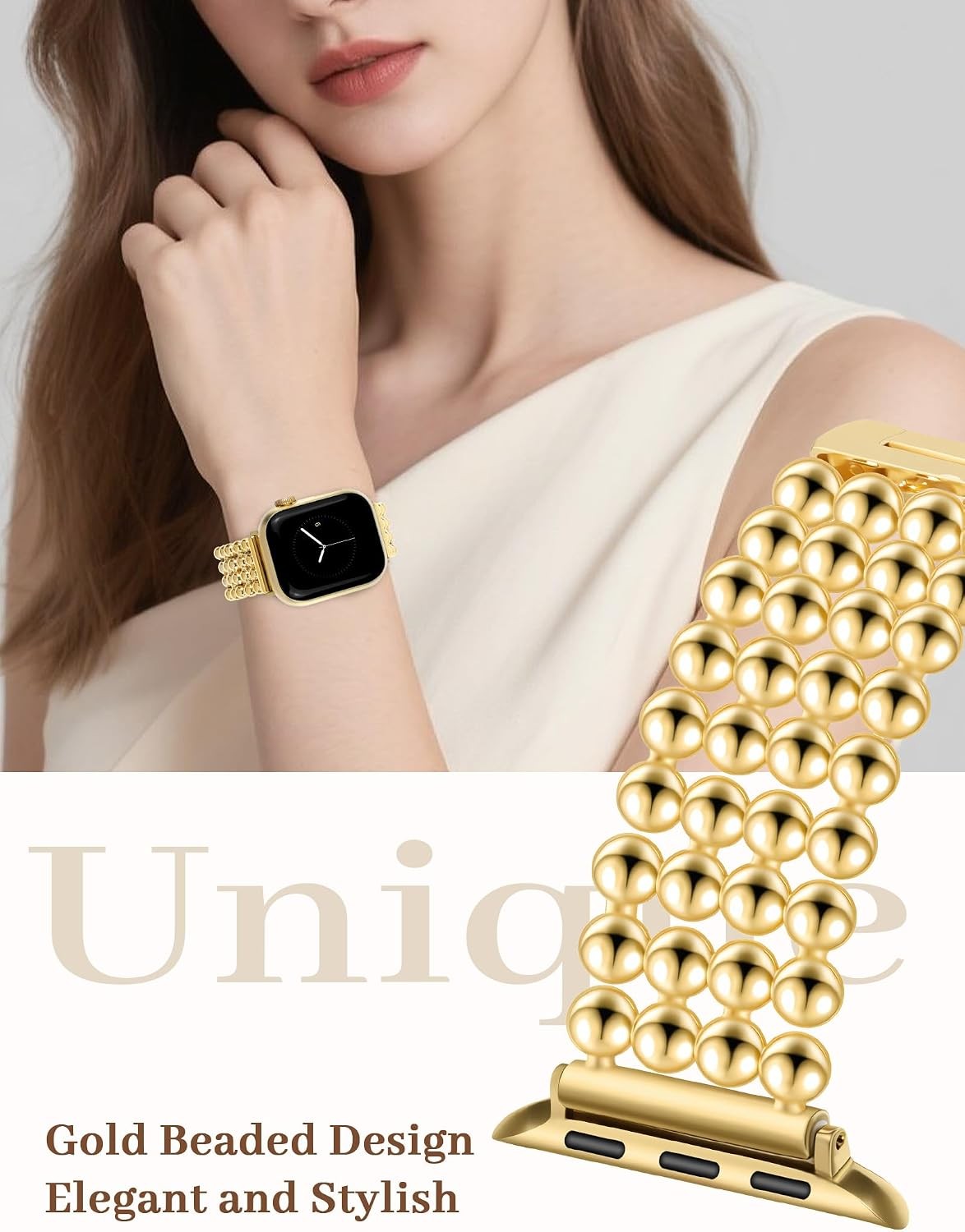 Gold Adjustable Beaded Metal Bracelet Strap for Apple Watch 38mm 40mm 41mm Women