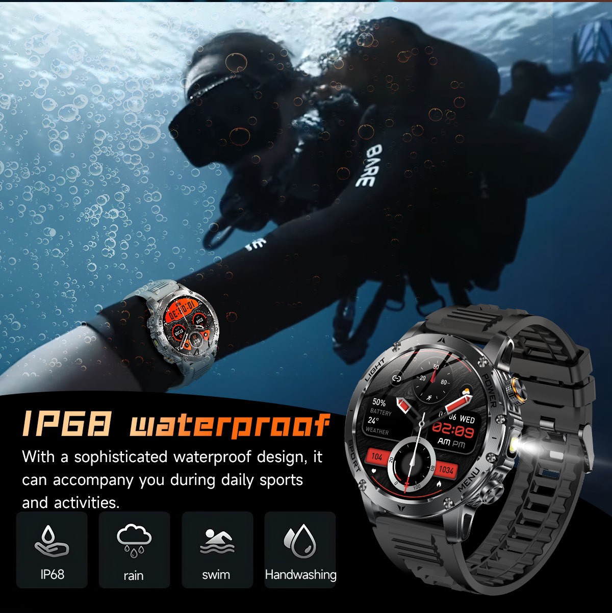 Tactical Smart Watch Men 1000mAh Battery LED Torch Blood Pressure Waterproof