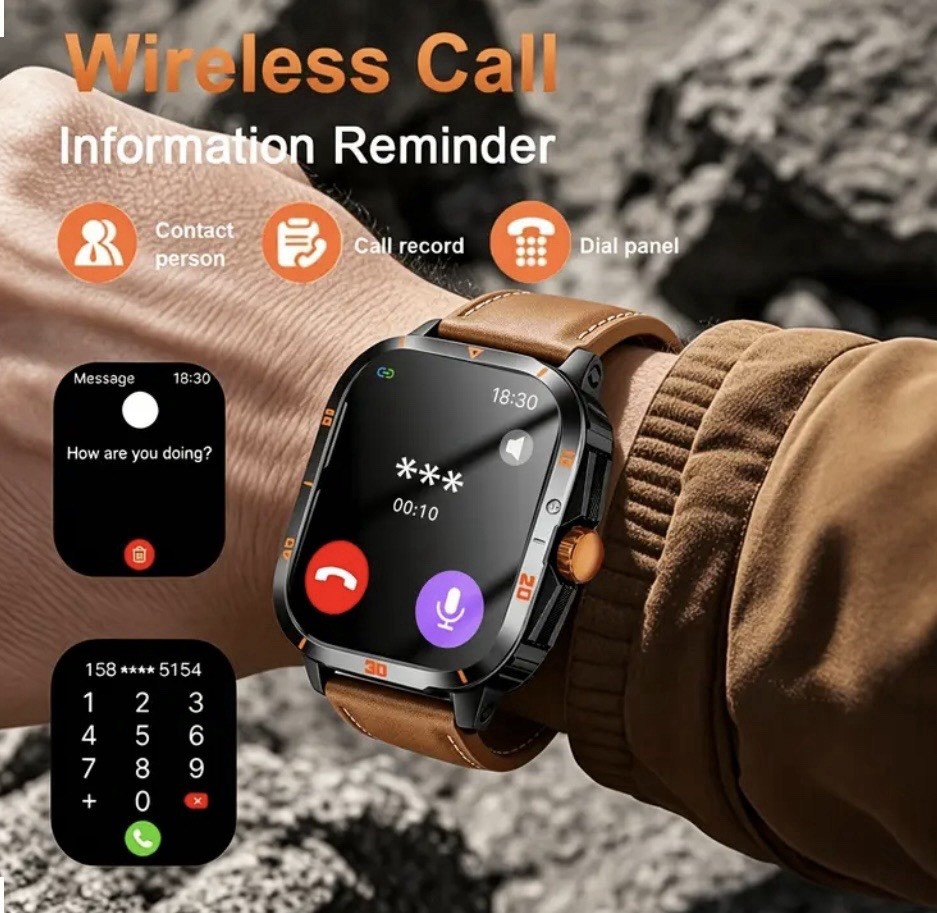 Touchscreen Bluetooth Call Smart Watch 42mm Metal Case, Black/Brown Leather Band