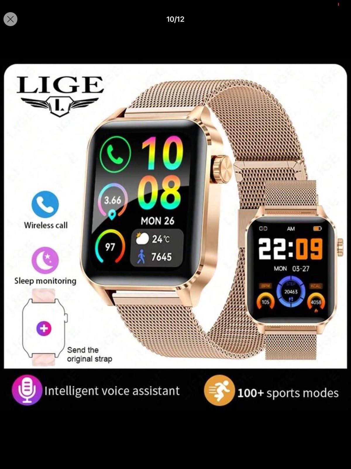 LIGE V22 Smart Watch Wireless Call, Voice Assistant, 100+ Sports Modes, Black/G…