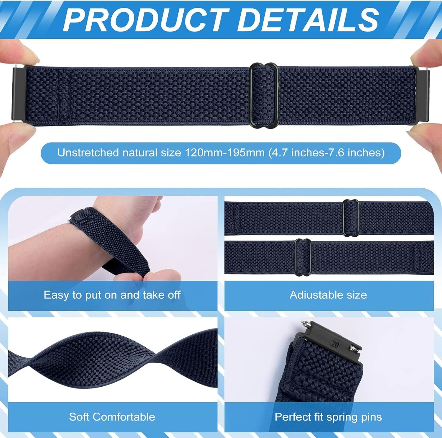 Stretchy Adjustable Nylon Loop Strap for 20mm Watch Bands – Quick Release Design