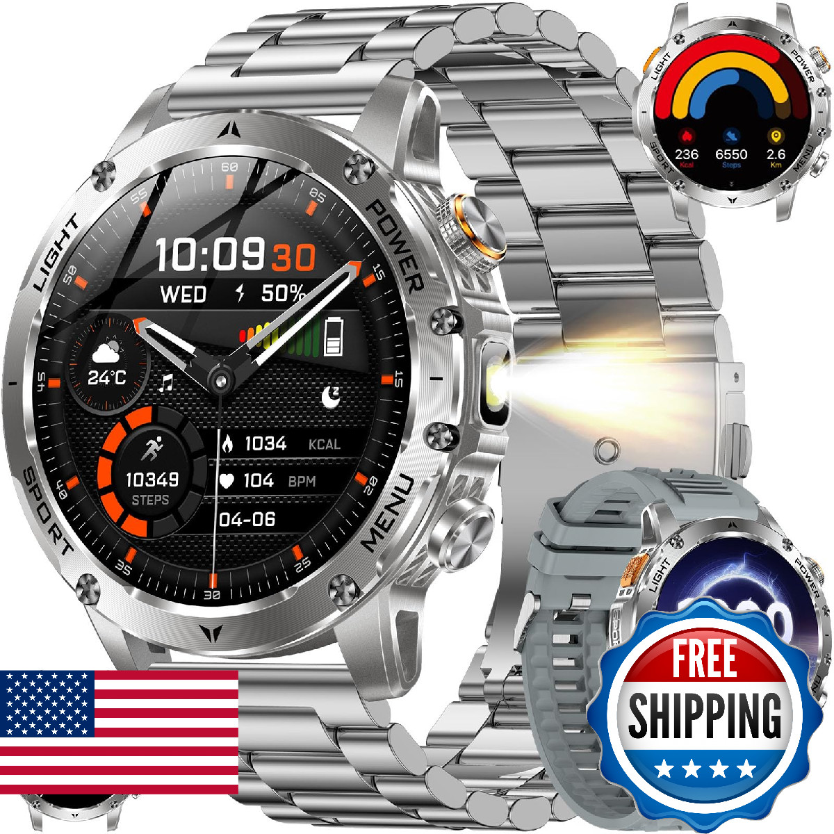 KPEP Military Smart Watches for Men with 2 Straps, 1000mAh Battery/LED Flashligh
