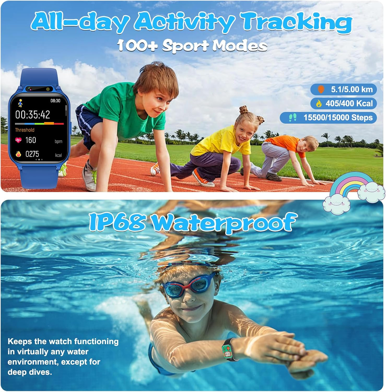 Smart Watch for Kids, 1.85″ Fitness Tracker with Heart Rate, Sleep Monitor, IP68