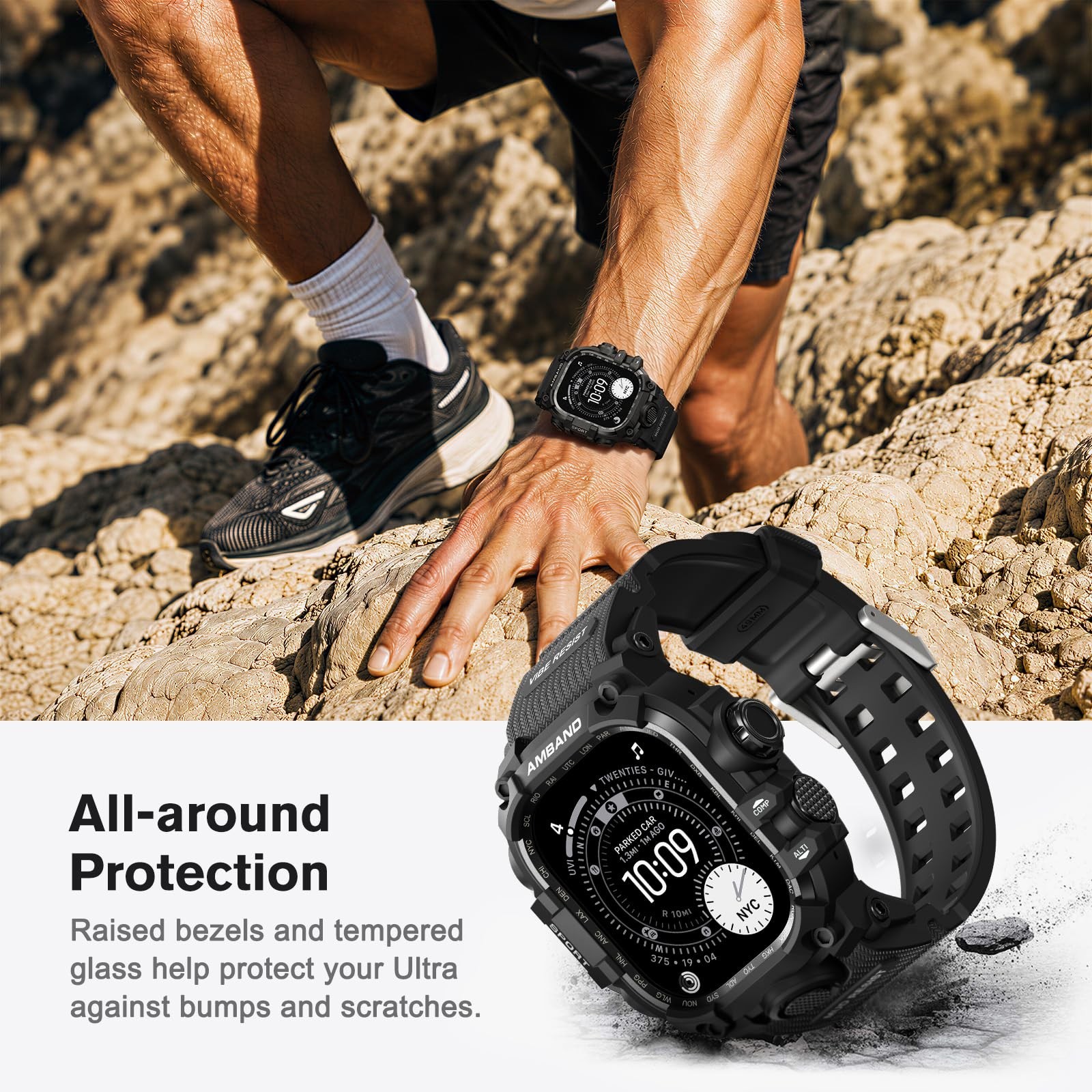 Rugged Protective Case & Band for Apple Watch Ultra 49mm, 9H Tempered Glass, Bla