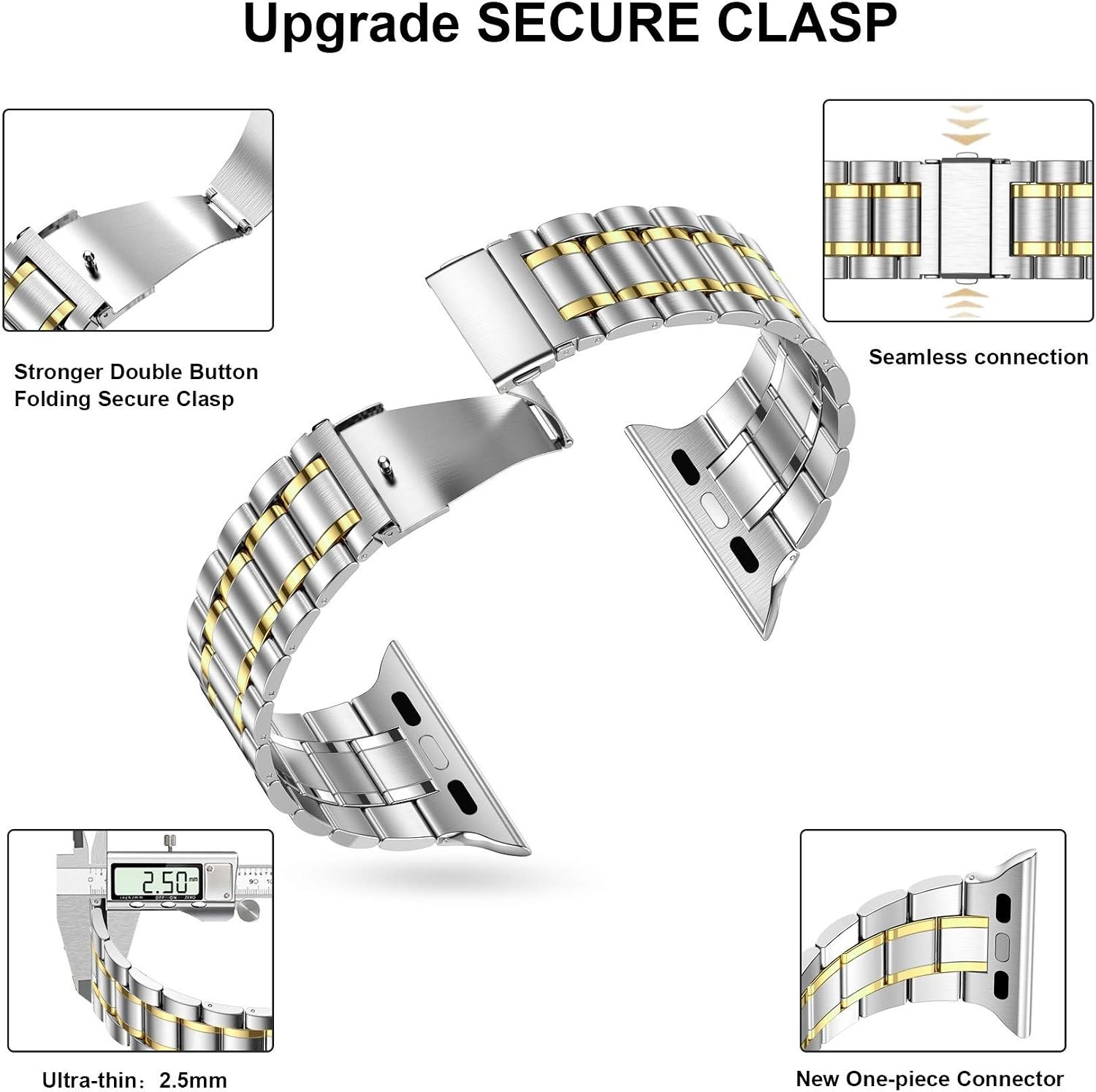 Solid Stainless Steel Strap Compatible with Apple Watch 46mm, Silver/Gold