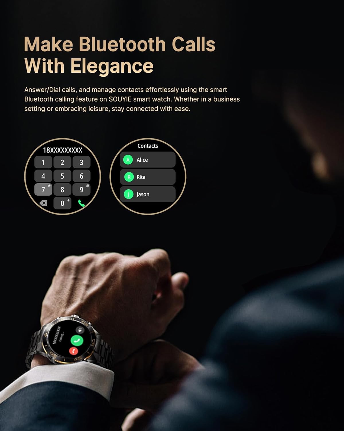 SOUYIE Luxury Smart Watch for Men Bluetooth Call, 1.43″ AMOLED,