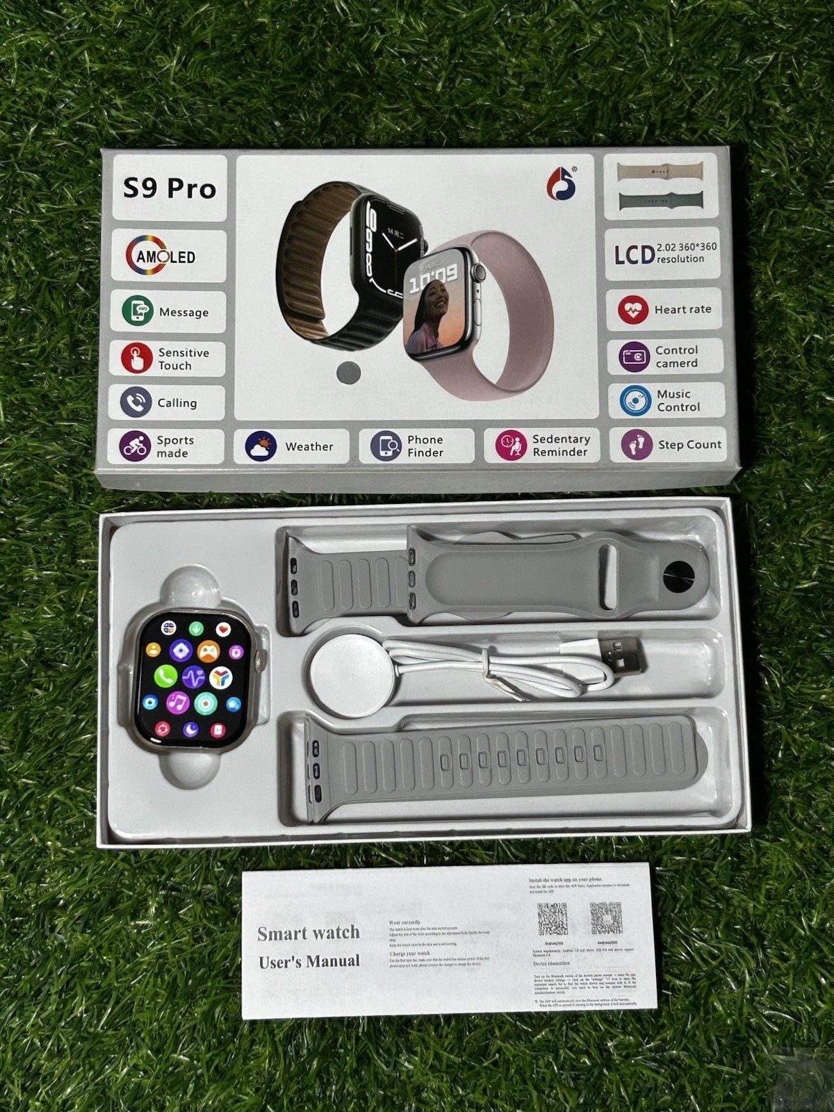 S9 Pro S9 Smart Watch 2.02in Silver Metal Case Gray Silicone Band HR Monitor