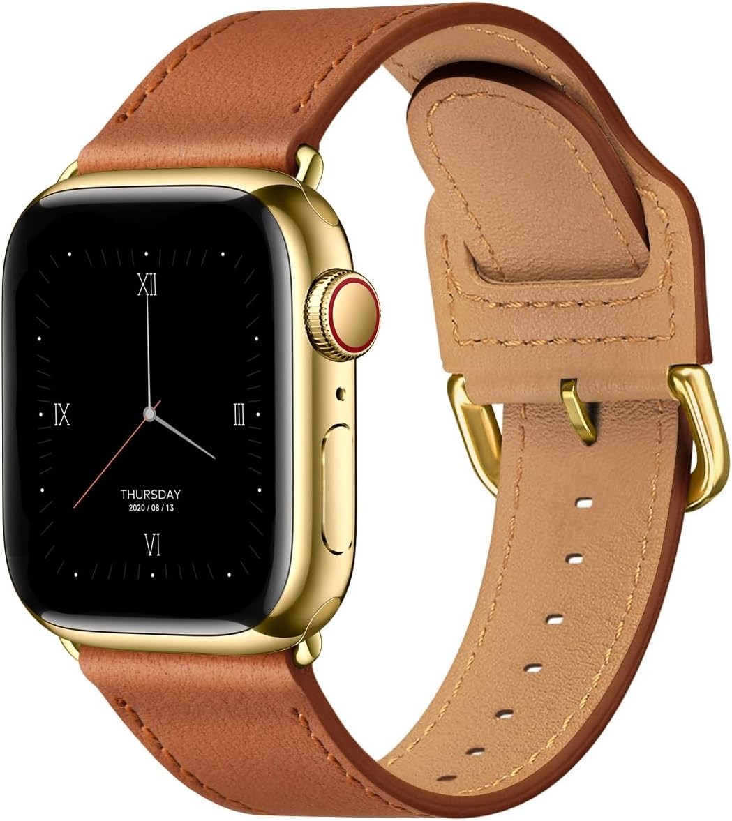 Genuine Leather Strap Compatible with Apple Watch Series 7 44mm (Brown/Gold)