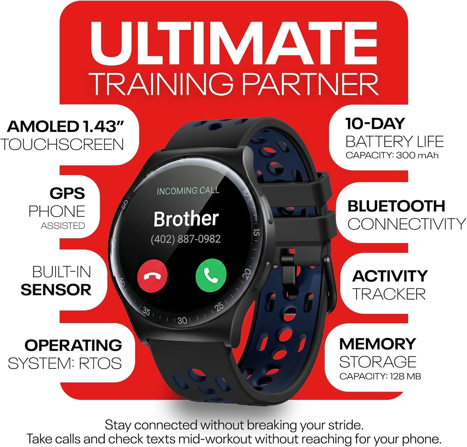 Reebok – PULSE Smartwatch with 1.43″ AMOLED Display, 10-Day Battery Life, 80+ Sp