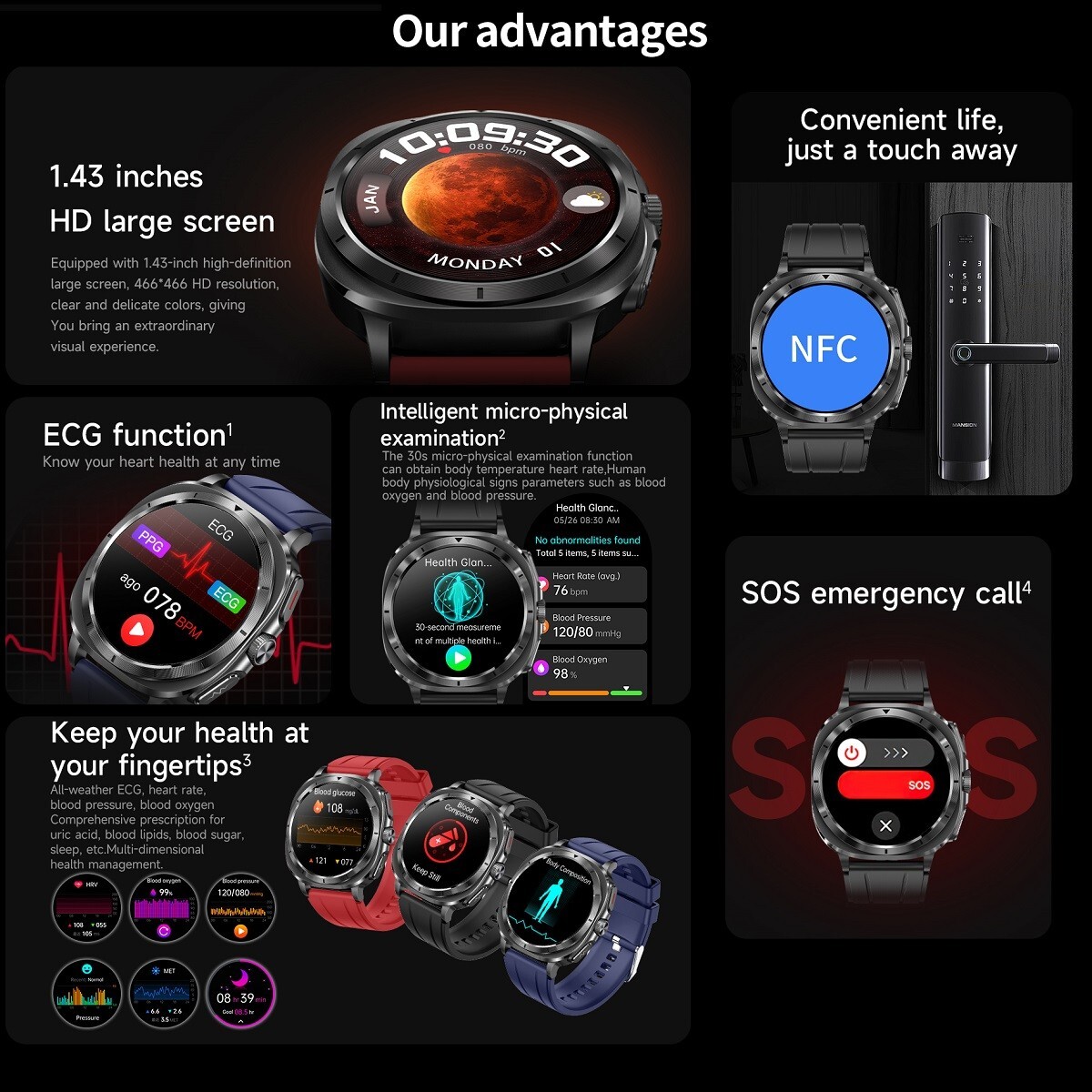 Sport Smart Watch ECG Health Monitoring Voice Assistant SOS Waterproof NFC ET492