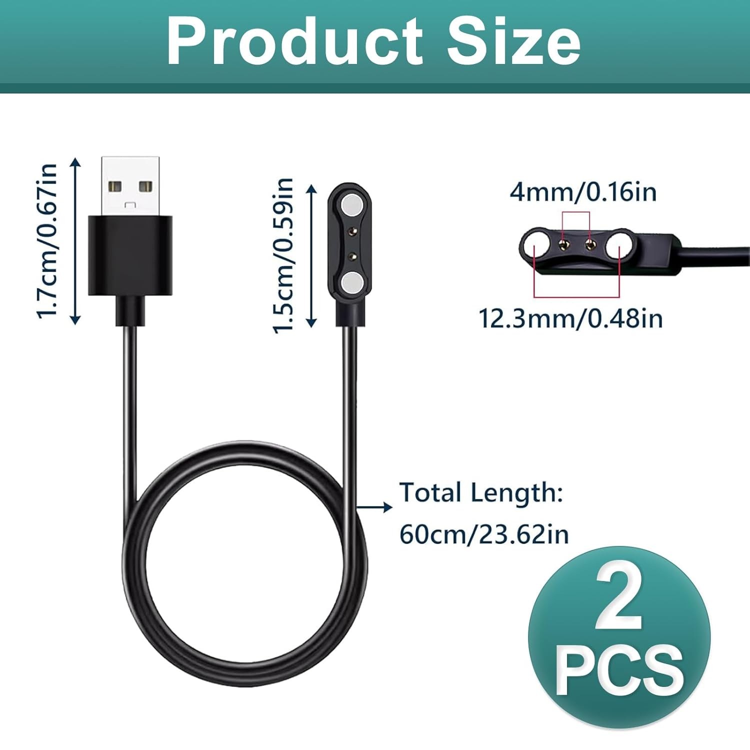 2-Pack Universal Smart Watch Charger, Magnetic USB 4 mm 2-Pin Charging Cable