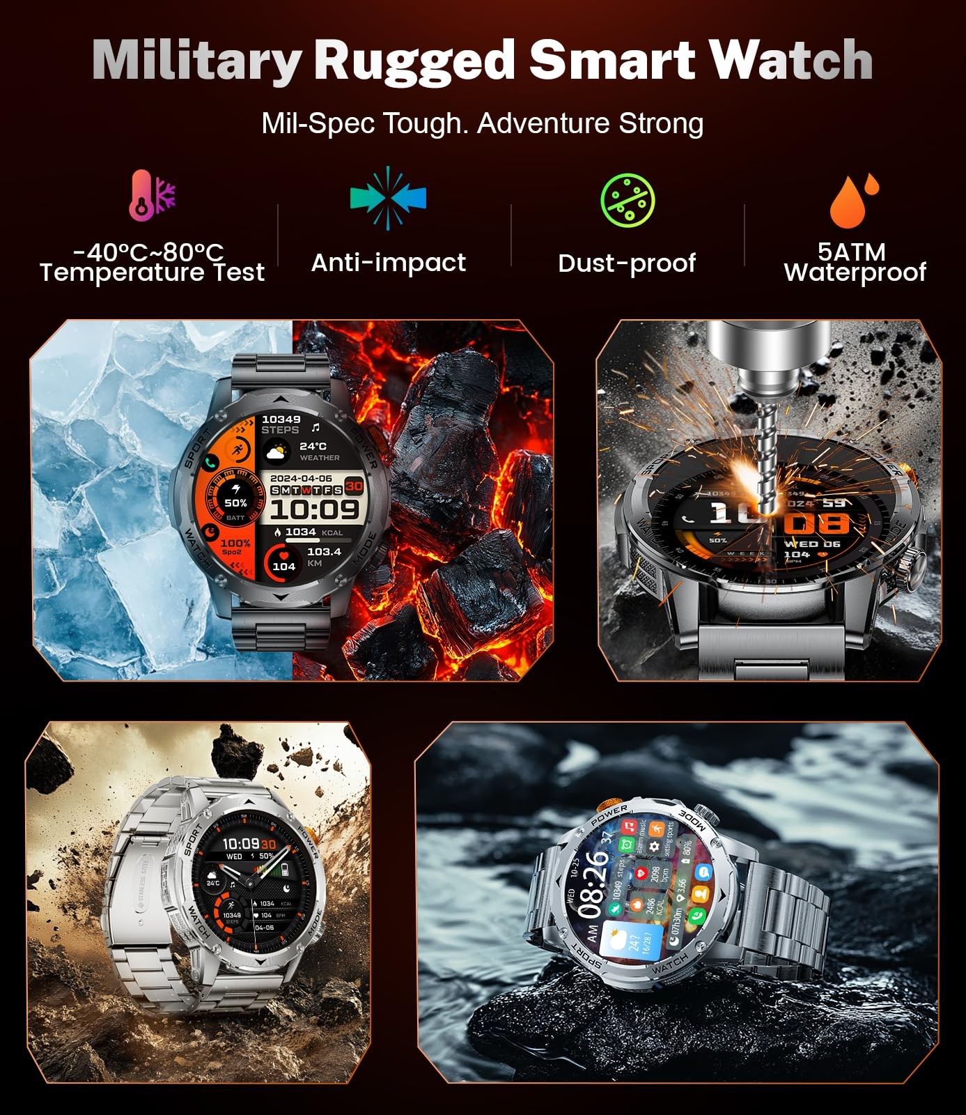 Military Smart Watch for Men with 1000mAh Battery/Flashlight, 1.75” HD Rugge…