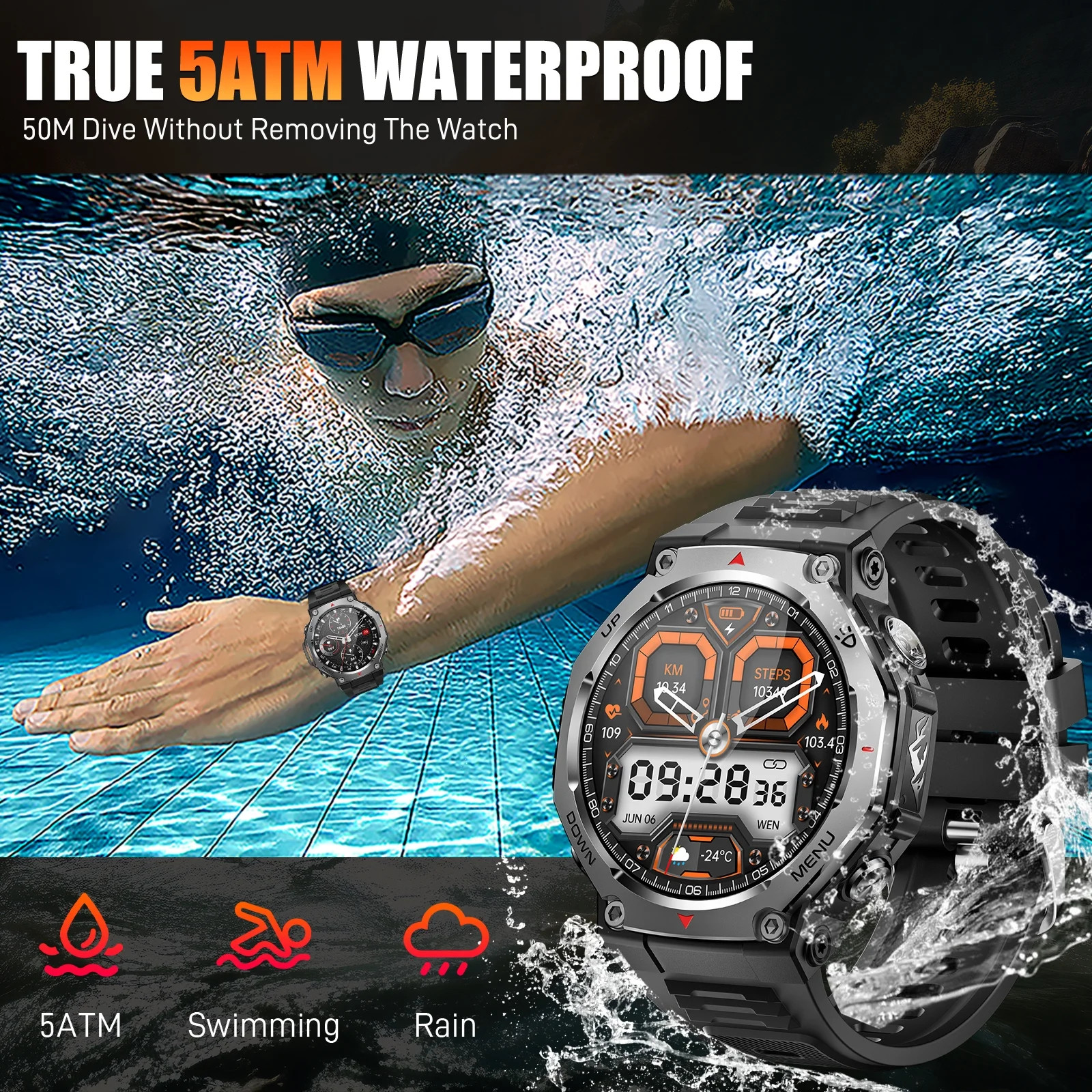 5ATM Waterproof Smartwatch with Wireless Calling, Compatible with iOS & Android
