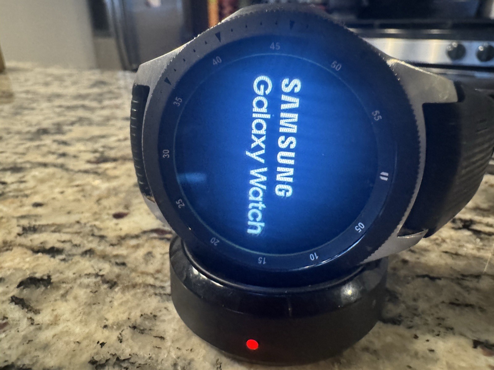 Samsung Galaxy Watch 46mm Silver Black Silicone Touch BT w/ charging stand