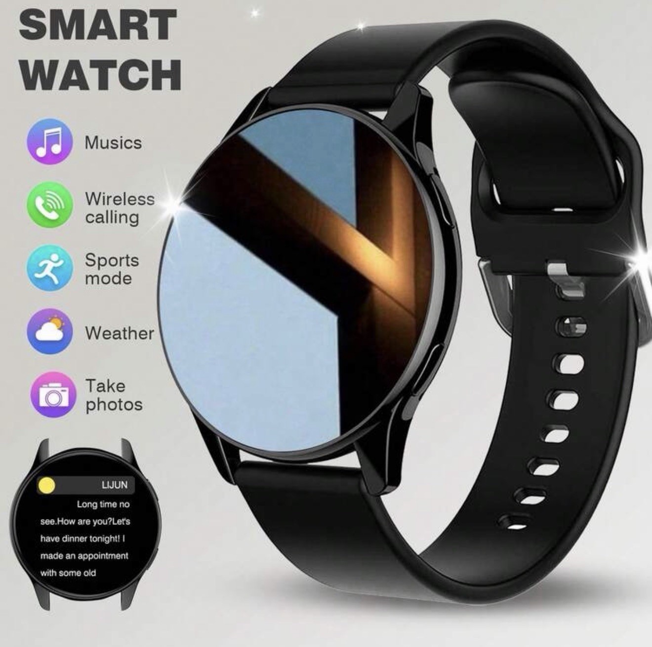 Smart Watch 47mm Black Round Wireless Calling Bluetooth Touch Screen Android iOS