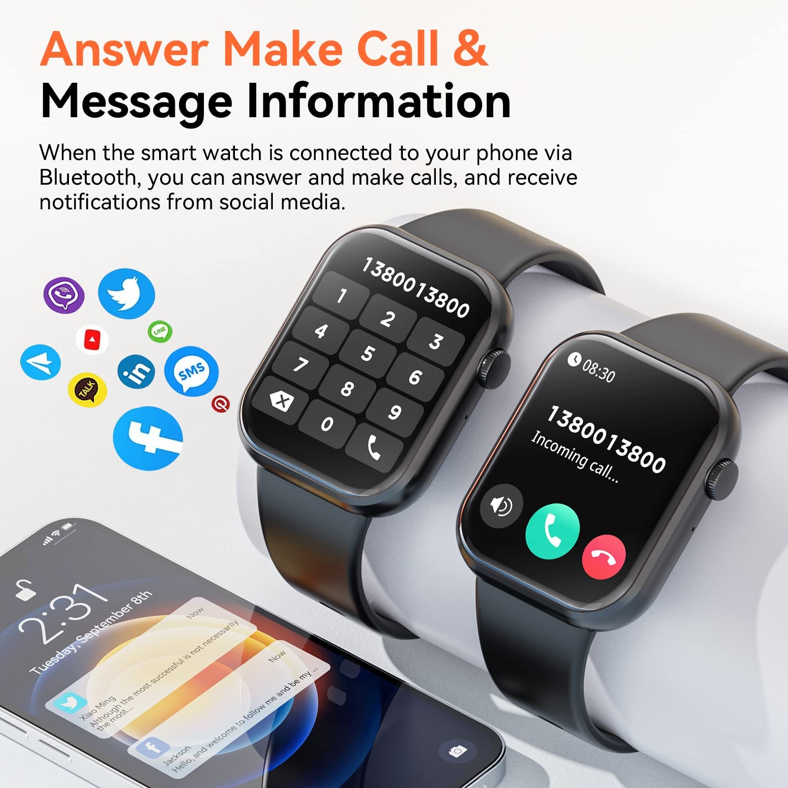Smart Watch (Answer/Make Call) 1.85inch Fitness Tracker, DIY Dials/Pedometer/…