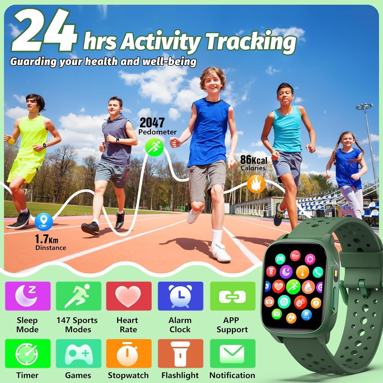 Kids Watch with 140 Sports Modes, 1.5″ Kids Fitness Tracker, Smart Watch kids, N