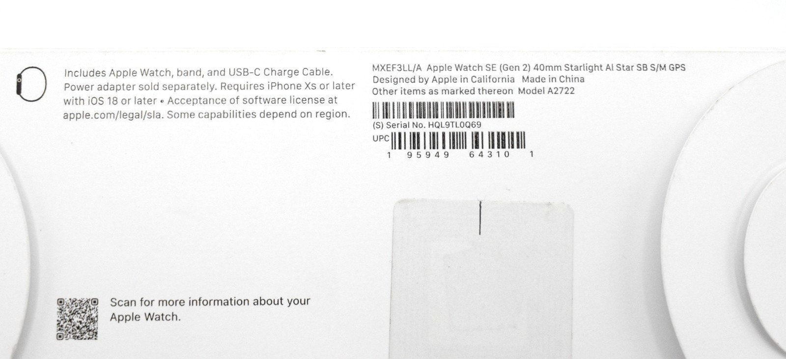 Apple Watch SE 2nd Gen 40mm Starlight Aluminum Case & Sport Band S/M MXEF3LL/A