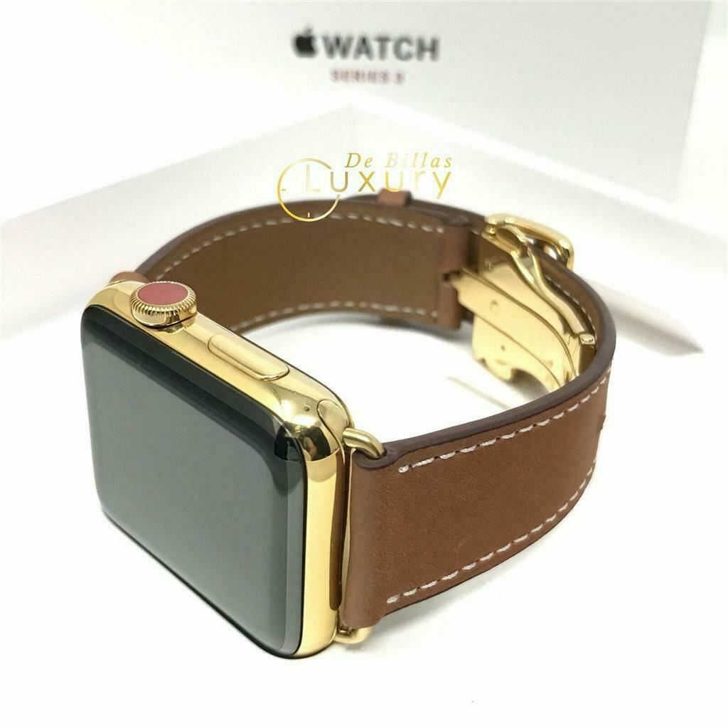 24K Gold Plated 42MM Apple Watch SERIES 3 Brown Leather Band
