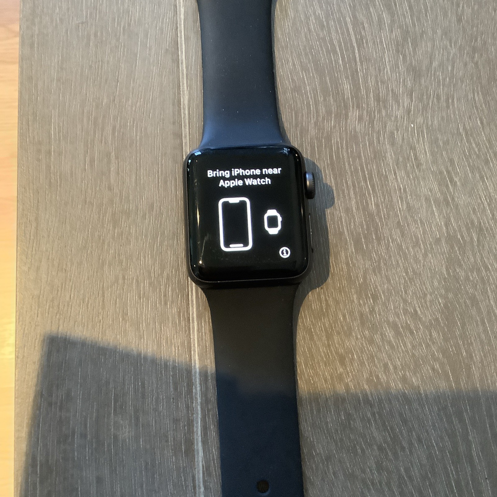 Apple Watch Series 3 black 38mm with black sports band ready for new activation