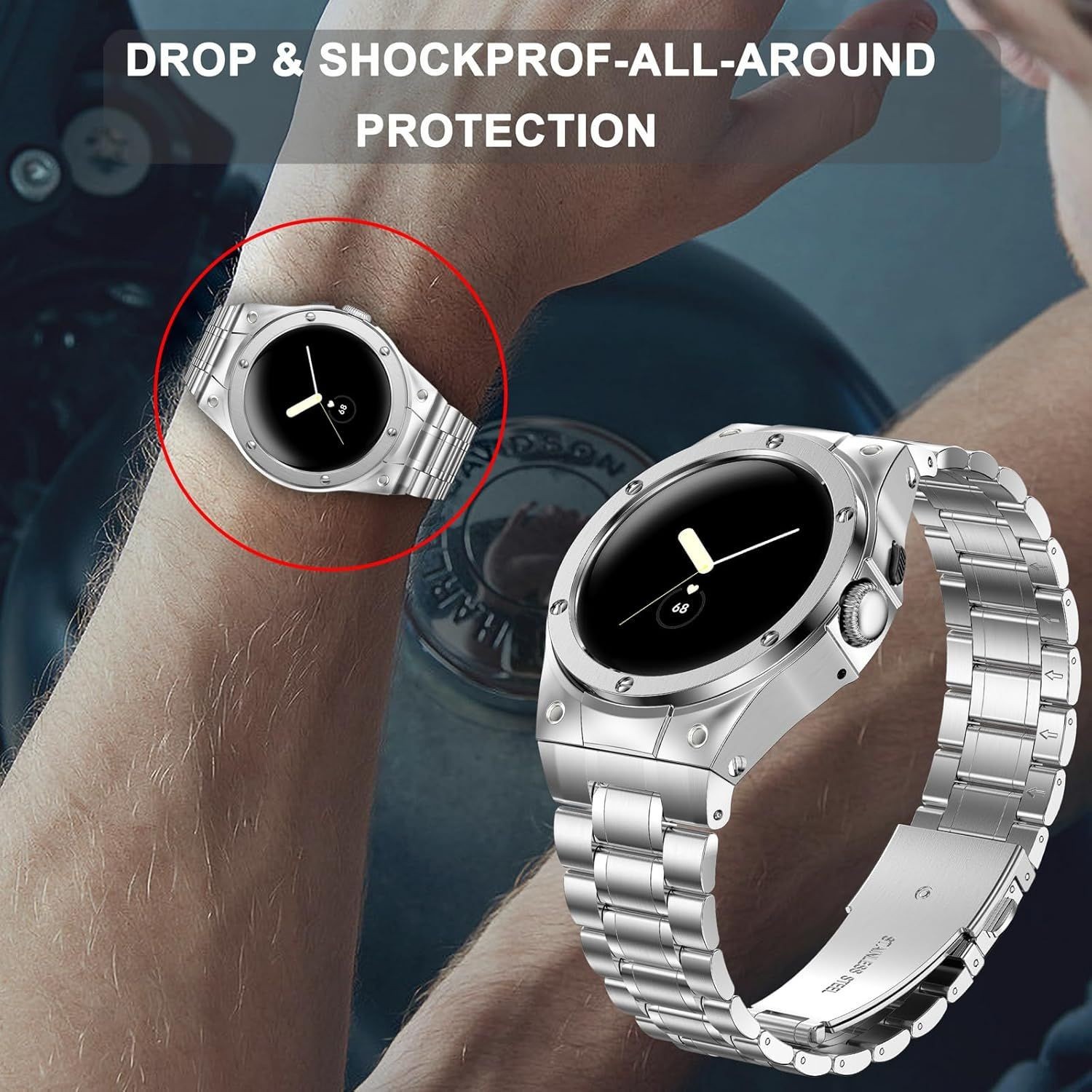 Stainless Steel Case and Bands for Google Pixel Watch 1/2 41mm, Metal Strap Bump