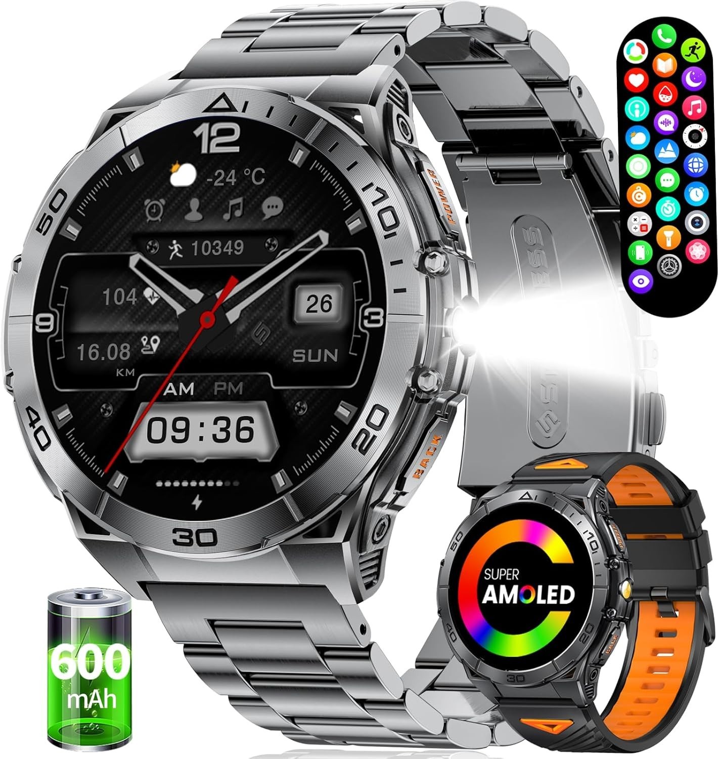 Smart Watches for Men with Flashlight,1.6″ AMOLED Always on Display Outdoor