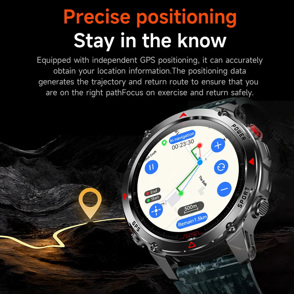 Military Smart Watches For Men Outdoor GPS LED Flashlight Rugged Fitness Tracker