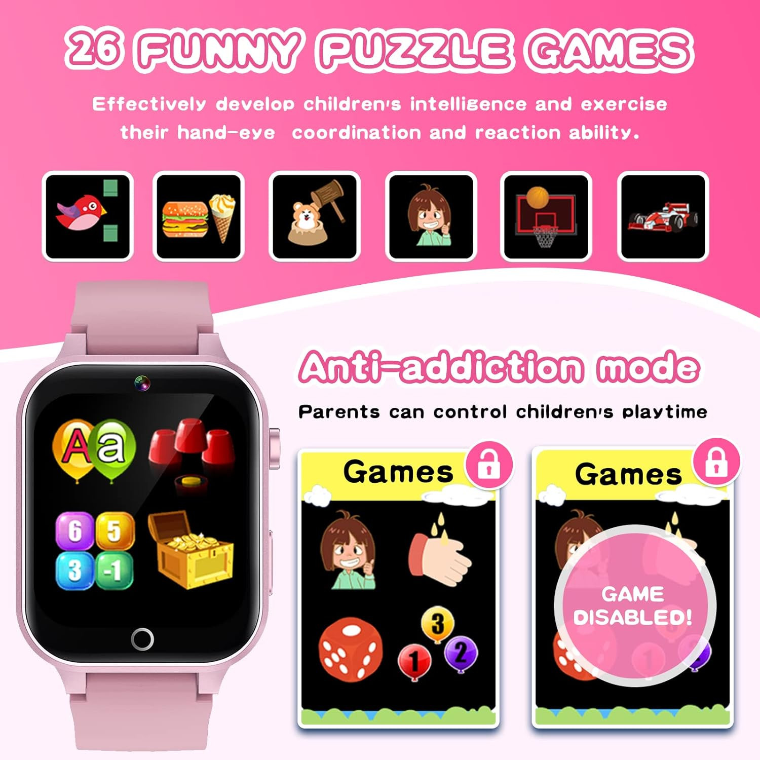 Kids Smart Watch Gift for Girls Age 5-12, 26 Games HD Touch Screen Watches with