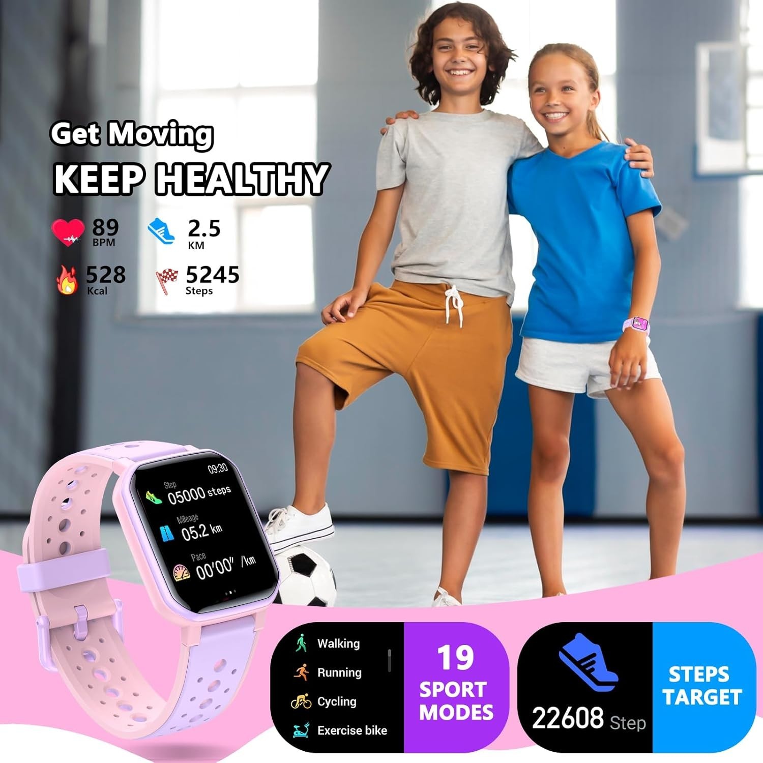 Durable Kids Smart Watch with Fitness Tracking & Sleep Monitor, 19 Modes, Purple