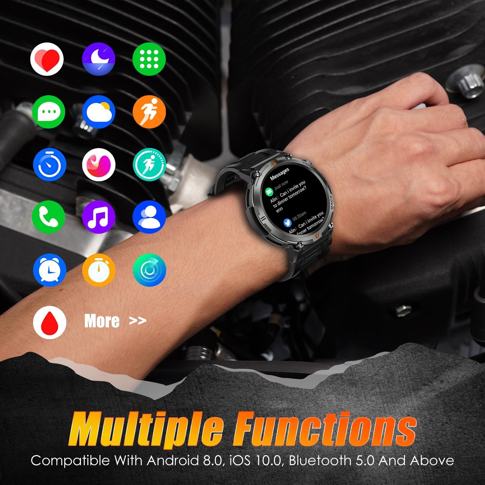 Tactical Military Smartwatch for Men, Bluetooth Call, 1.45″ Screen, Fitness Trac