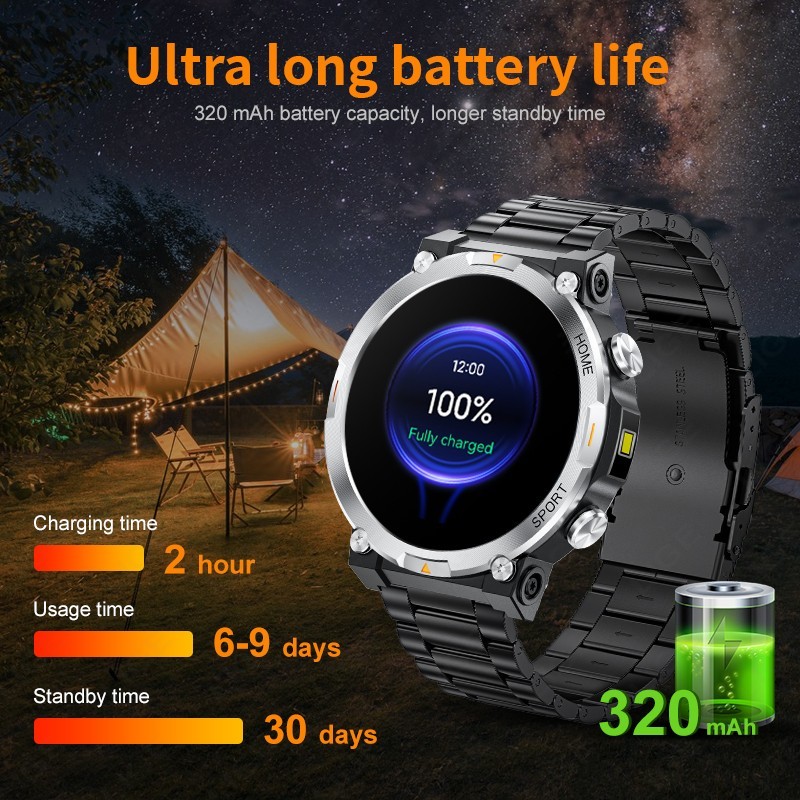 Smart Watch Military Sport with LED Flashlight 1.43″ HD Screen 3ATM Waterproof