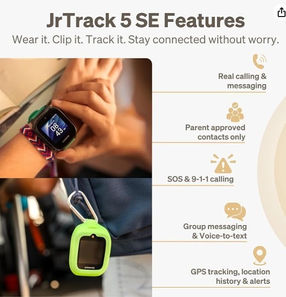 JrTrack 5 SE Kids Smart Watch by Cosmo GPS Tracking, Calling/Text 2 Straps Black