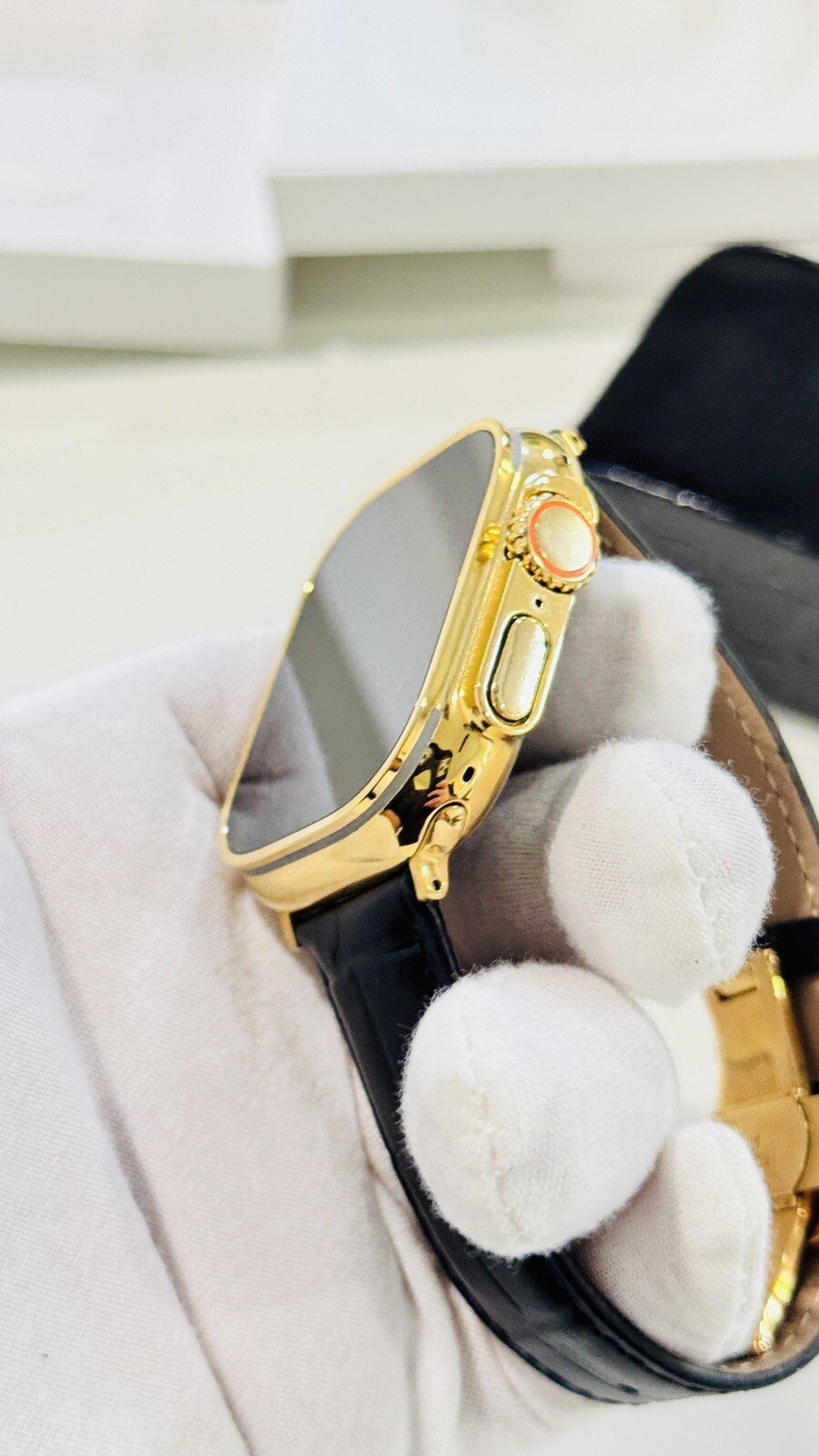 24k Gold Plated Apple Watch ULTRA 2 49mm Black Leather Band Polished CUSTOM