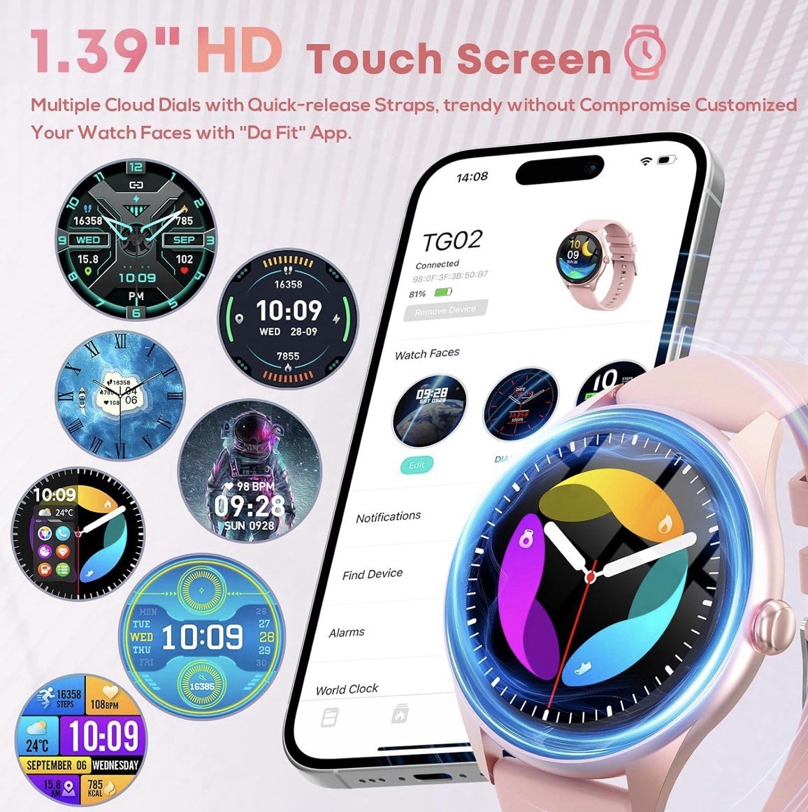 Pink Smart Watch Bluetooth Call 120 Sports Heart Rate Fitness iPhone Android