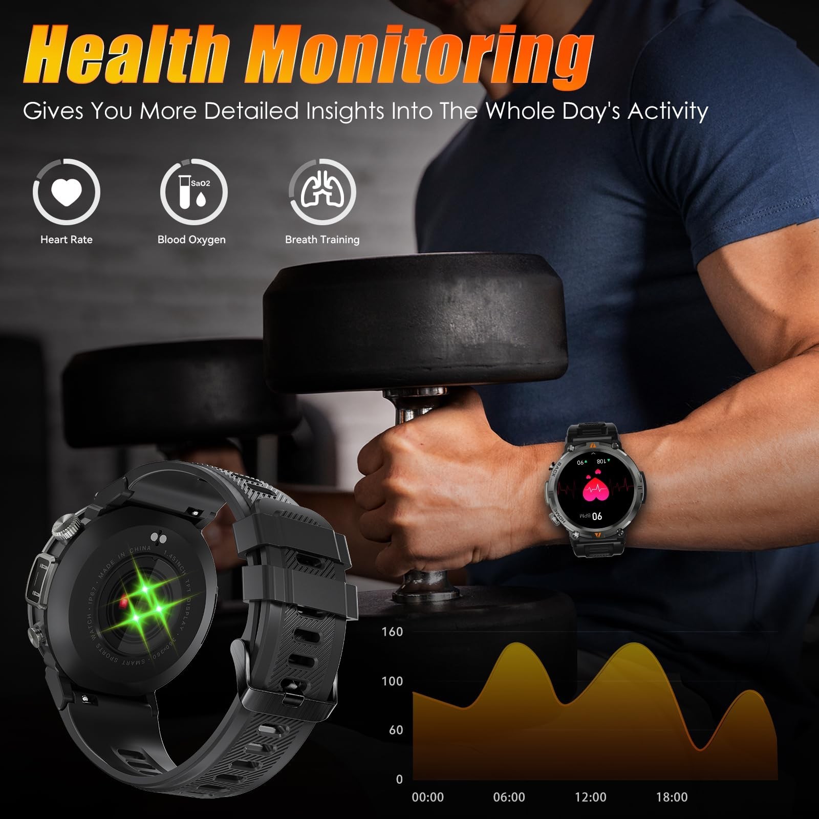 Tactical Military Smartwatch for Men, Bluetooth Call, 1.45″ Screen, Fitness Trac