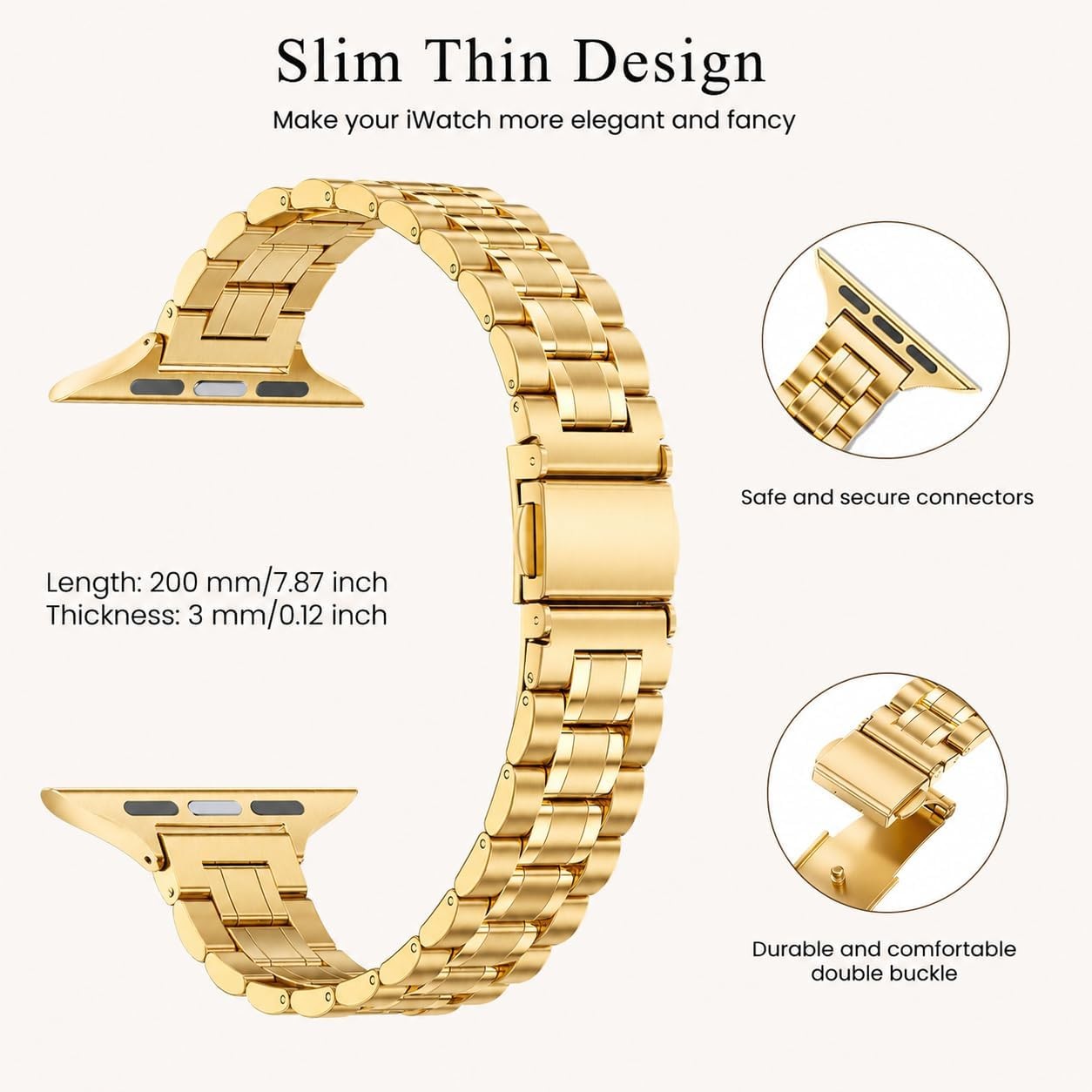 Thin Band for Apple Watch 49mm 46mm 45mm 44mm 42mm, Stainless Steel Metal Band