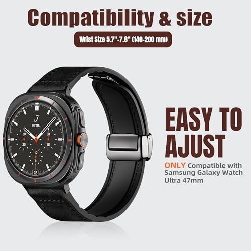 Leather Strap Band Compatible with Samsung Galaxy Watch Ultra 47mm Black