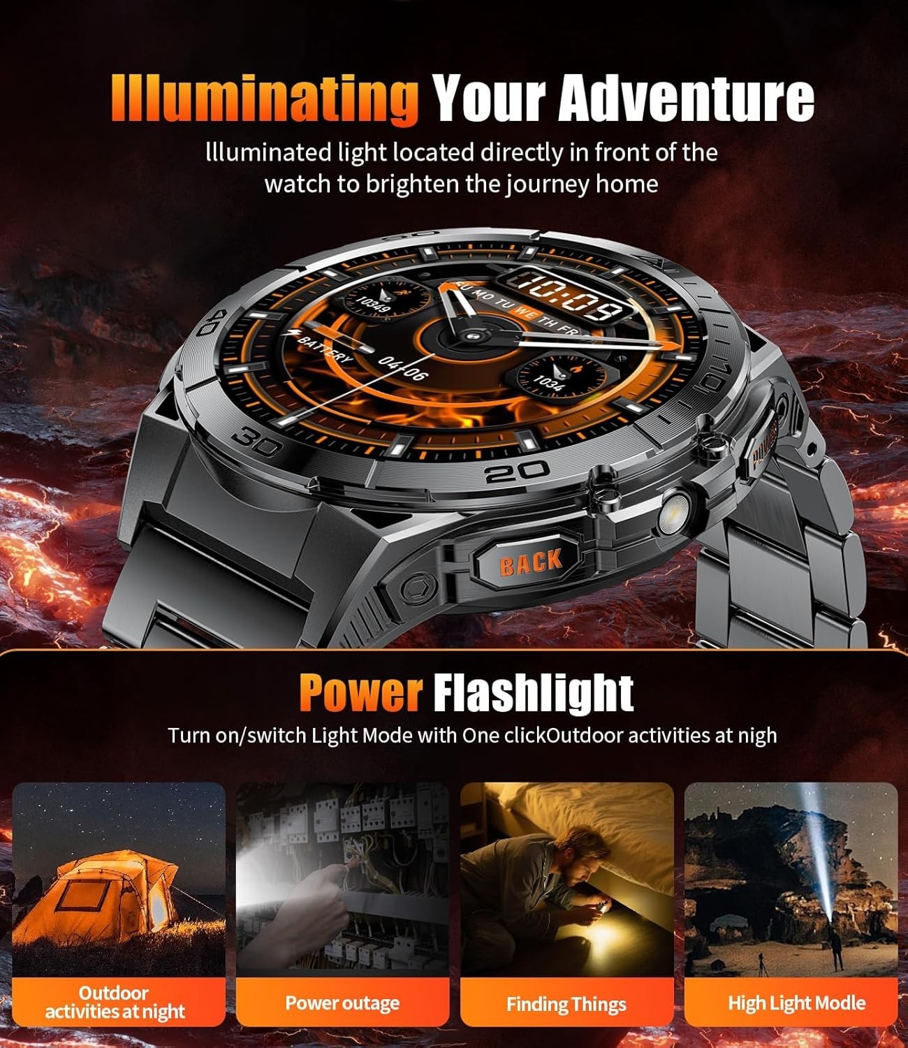 Smart Watches for Men with Flashlight,1.6″ AMOLED Always on Display Outdoor