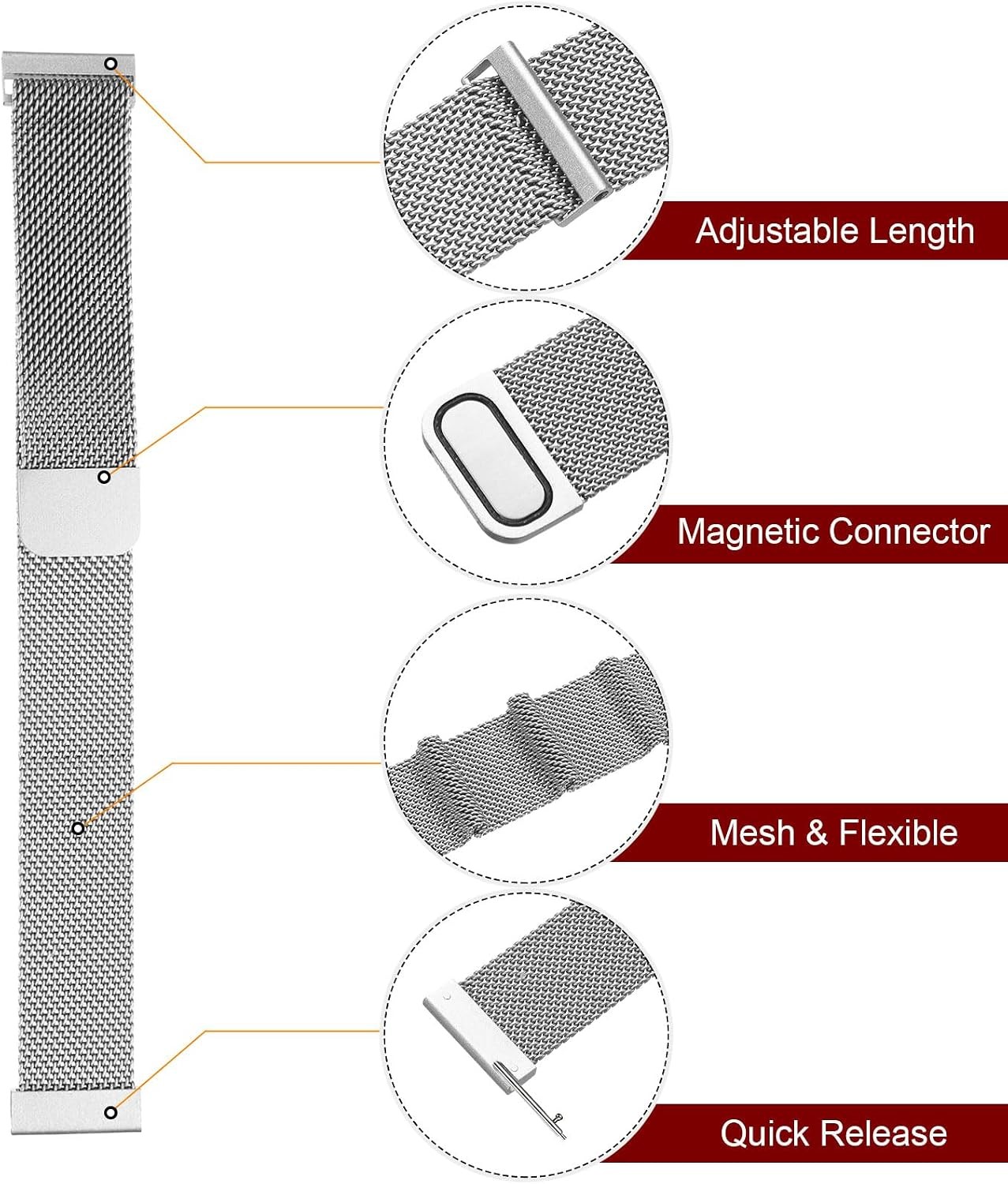 Stainless Steel Mesh Band for Men Women Quick Release Adjustable Magnetic Buckle