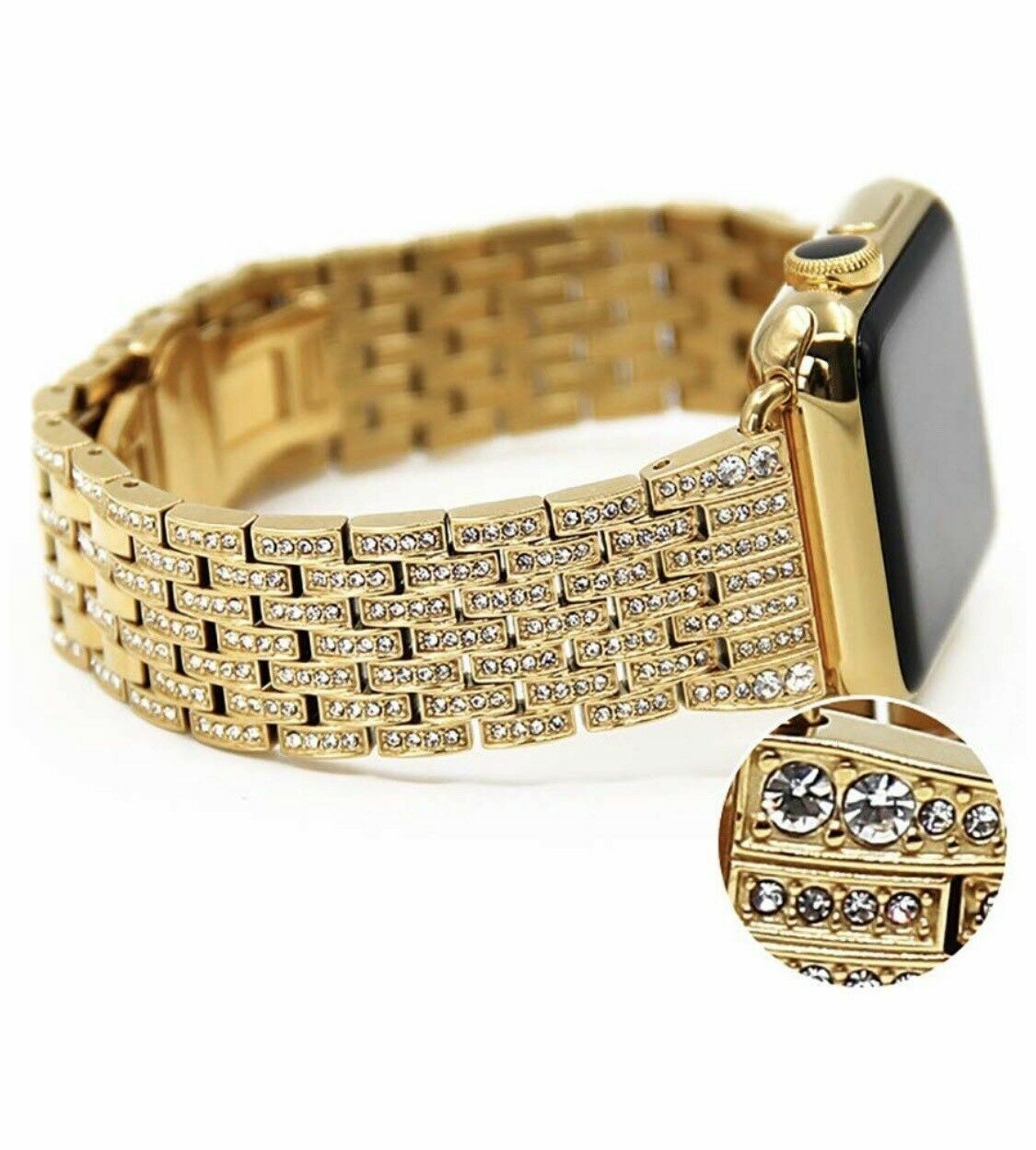 24K Gold 42MM Apple Watch 24K Gold Links Band with Diamond Rhinestone Gen 1
