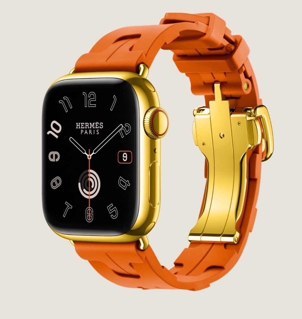 24k Gold Apple Watch HERMES Series 9 45mm Stainless Steel CUSTOM KILIM Orange
