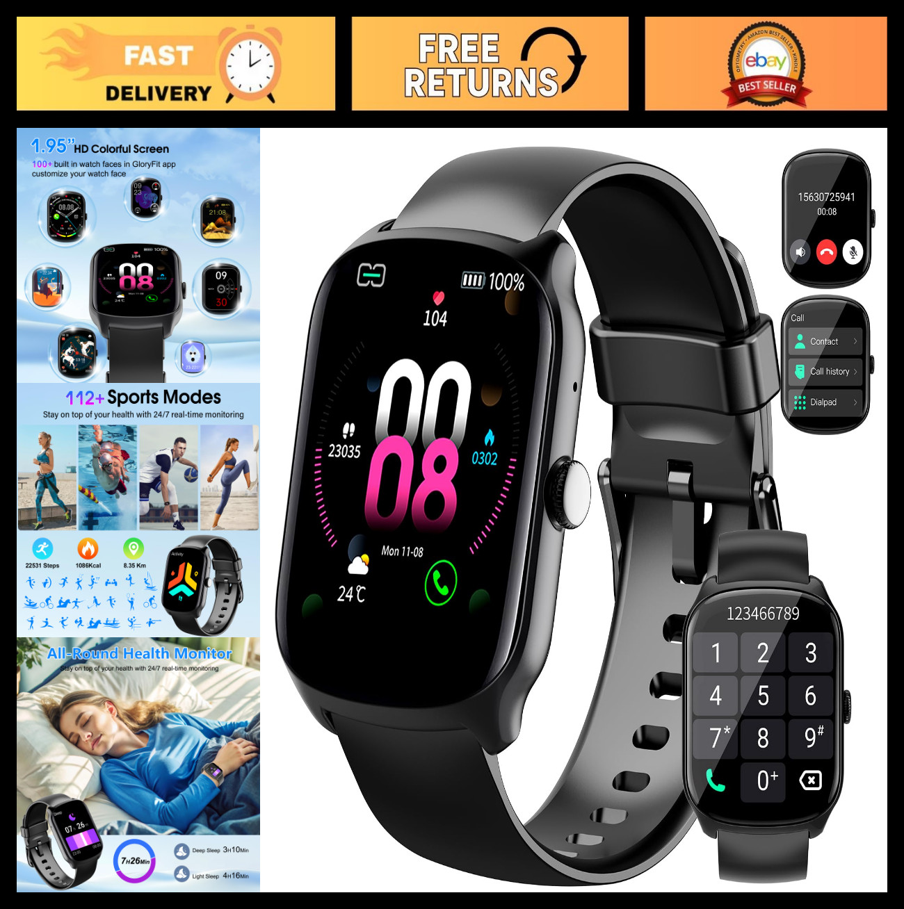HD Smartwatch for Men & Women, 1.95″ Curved Screen, Heart Rate Monitor, 112+ Spo