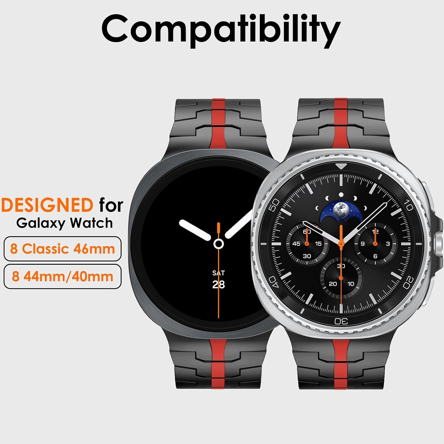 Case For Samsung Galaxy Watch 9/8 Classic 40mm 44mm 46mm Metal Band, Black/Red