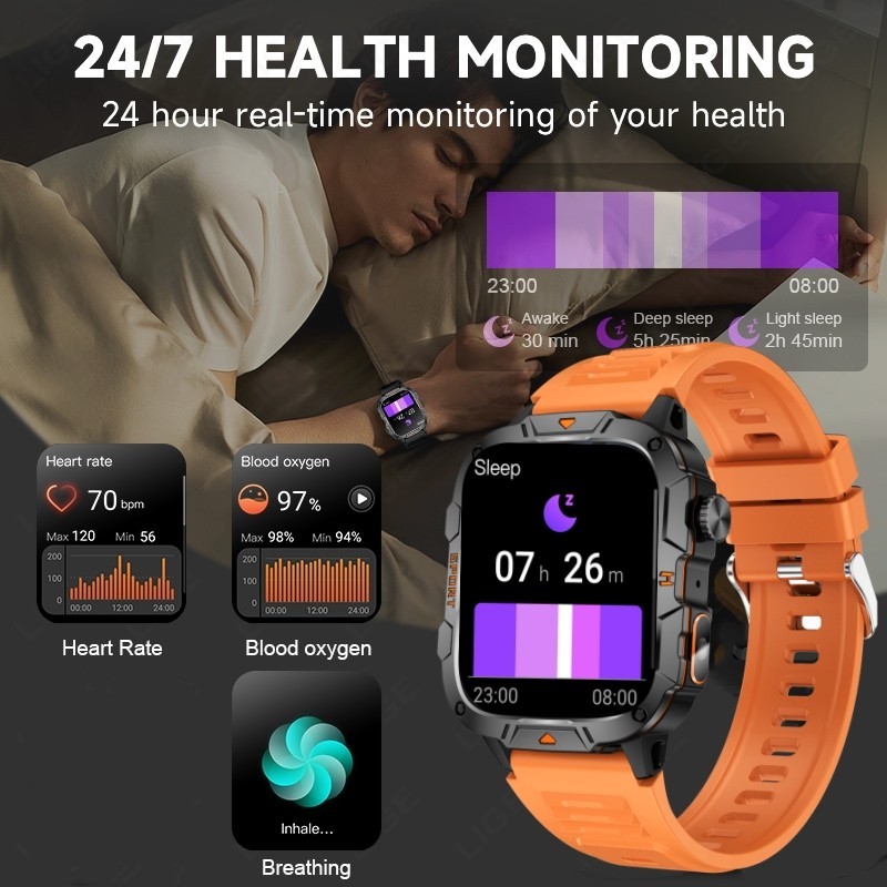 Smart Watch Men Women Sport Rugged with Flashlight 1.96″ HD Screen Waterproof