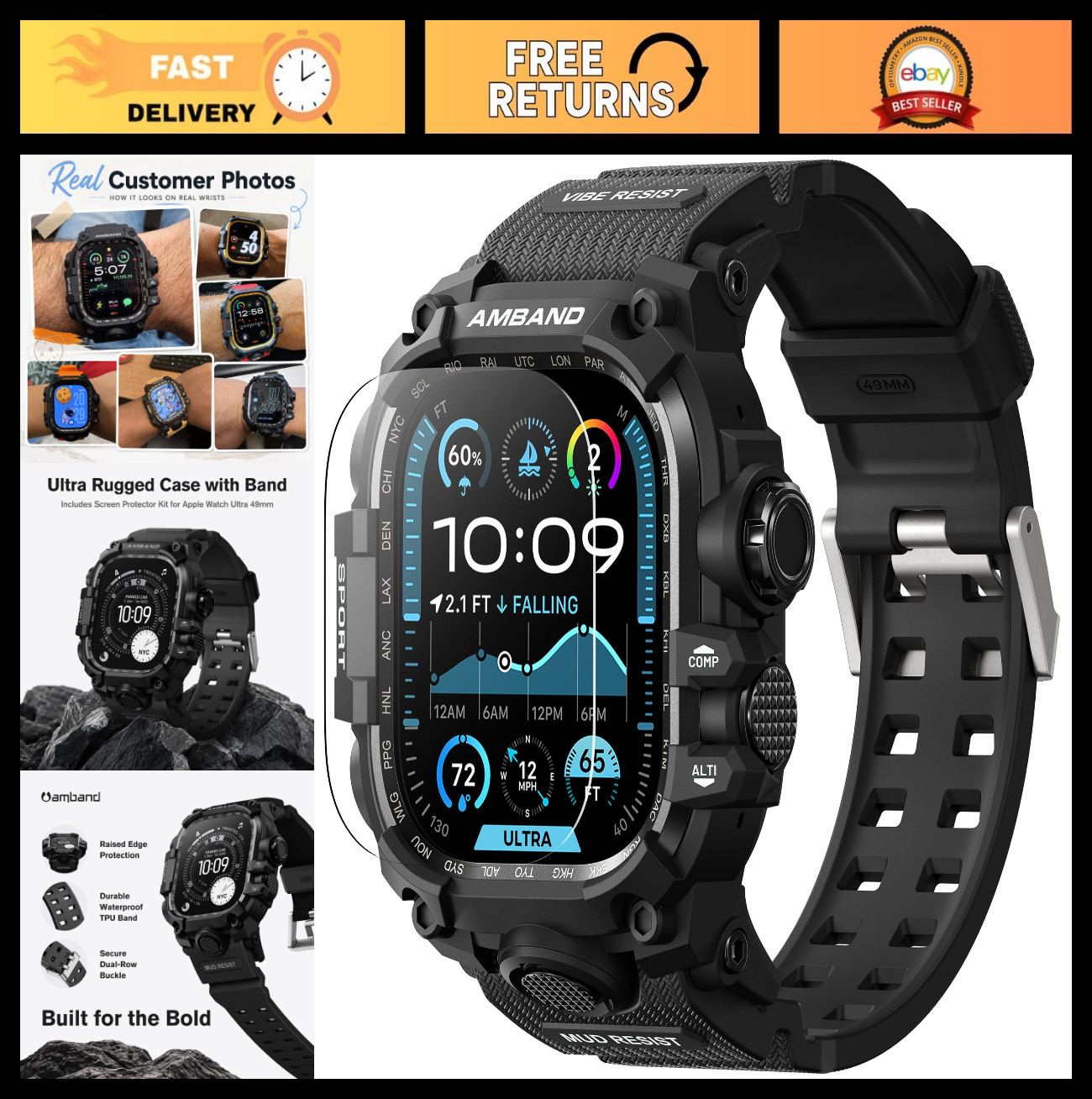 Rugged Protective Case & Band for Apple Watch Ultra 49mm, 9H Tempered Glass, Bla