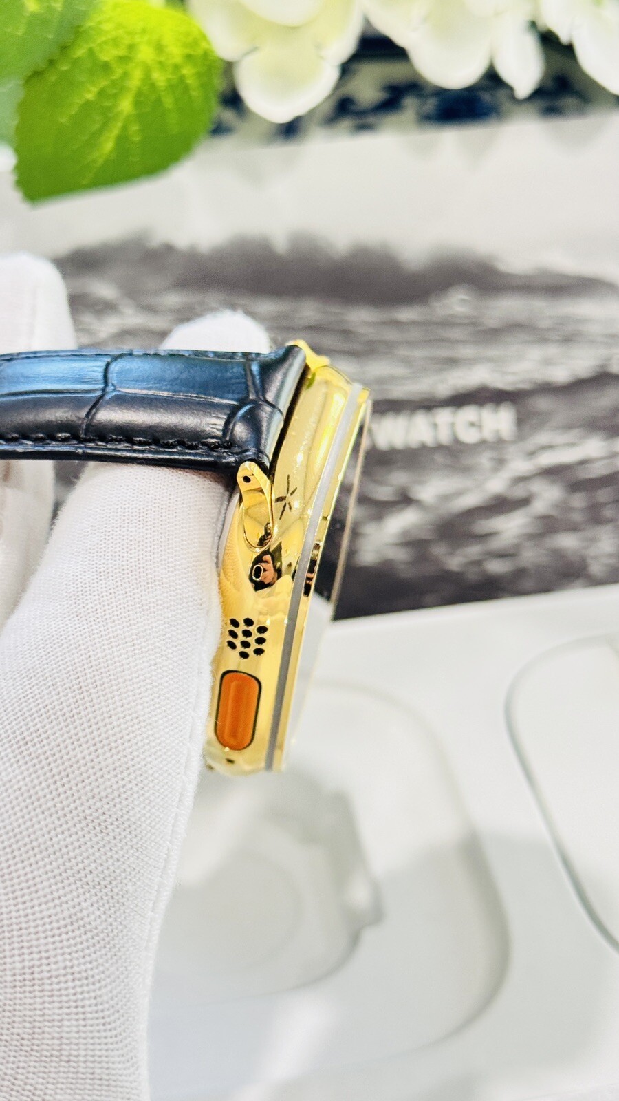24k Gold Plated Apple Watch ULTRA 2 49mm Black Leather Band Polished CUSTOM
