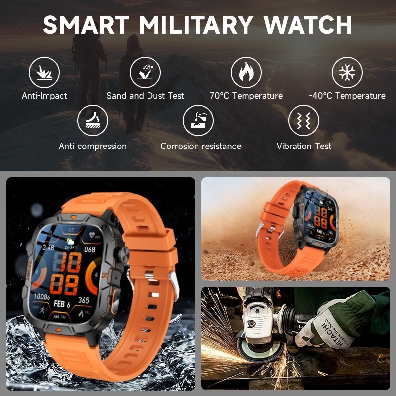 Smart Watch Men Women Sport Rugged with Flashlight 1.96″ HD Screen Waterproof