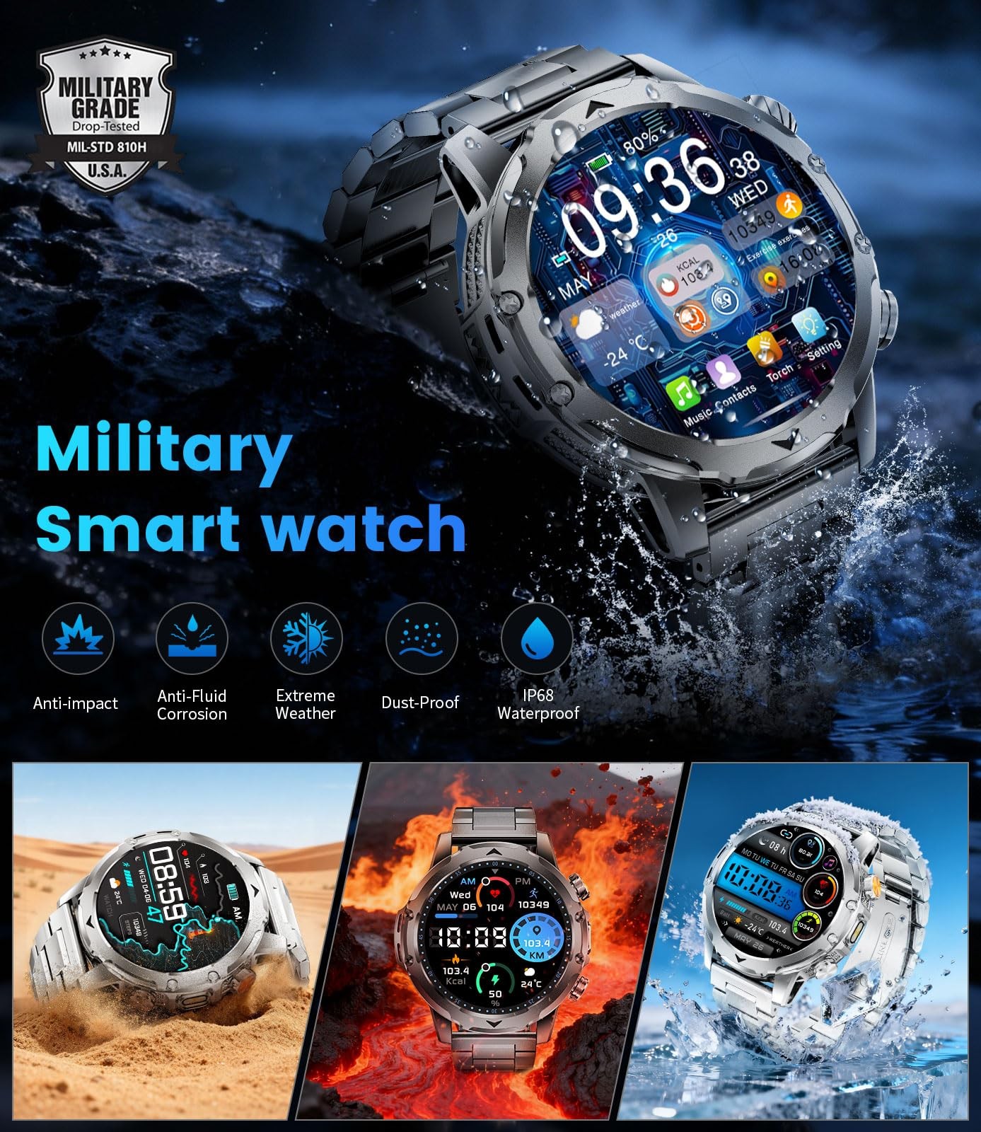 LIGEMI EF23-H 1.53” Smart Watch Silver 1000mAh Battery Flashlight Military